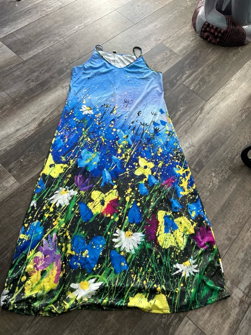 Private Label Blue Floral Maxi Dress with Yellow & White Accents  B1